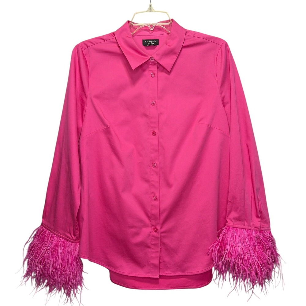 Kate Spade Hot Pink Plumage Ostrich Feather Cuff Button Down Shirt Size M - Picture 2 of 6